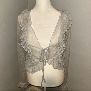 Urban Outfitters Gray Lace Tie-Front ruffle button up w/ ruffle cuffs top